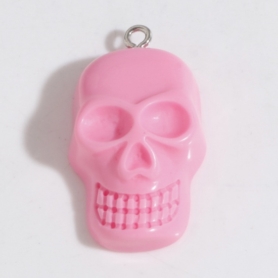 Picture of Resin Halloween Pendants Skull Pink 3.4cm x 1.9cm, 10 PCs
