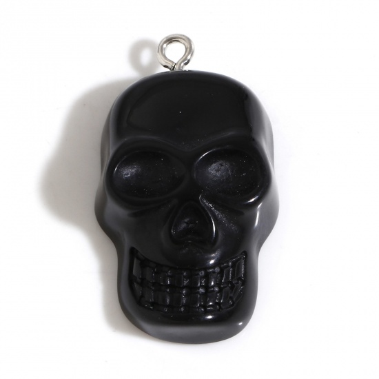 Picture of Resin Halloween Pendants Skull Black 3.4cm x 1.9cm, 10 PCs