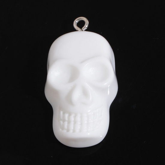 Picture of Resin Halloween Pendants Skull White 3.4cm x 1.9cm, 10 PCs