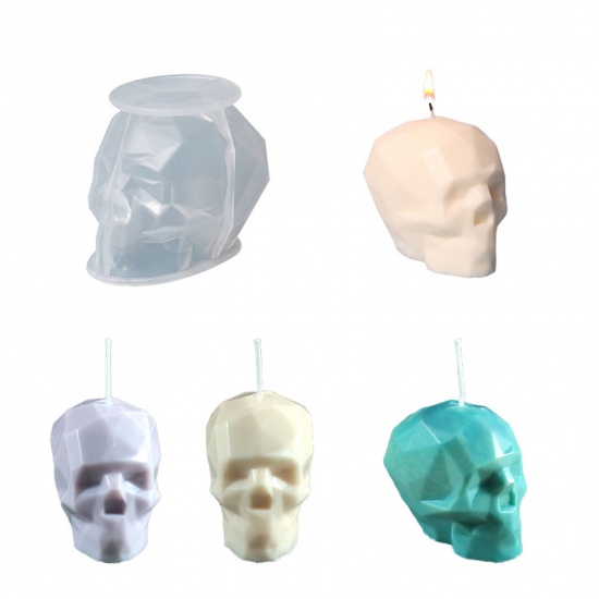 Picture of Silicone Halloween Resin Mold For Candle Soap DIY Making Skull 3D White 7.8cm x 6.7cm, 1 Piece