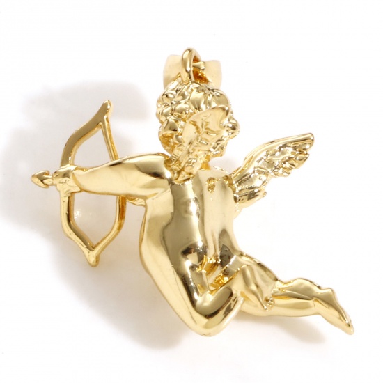 Picture of 1 Piece Brass Religious Charm Pendant 18K Real Gold Plated Angel 3D 22mm x 11mm