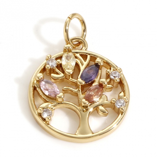 Picture of Brass Charms 18K Real Gold Plated Round Tree of Life Multicolour Cubic Zirconia 20mm x 14mm, 1 Piece