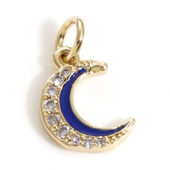 Picture of Brass Galaxy Charms 18K Real Gold Plated Half Moon Enamel Clear Cubic Zirconia 15.5mm x 9mm, 1 Piece