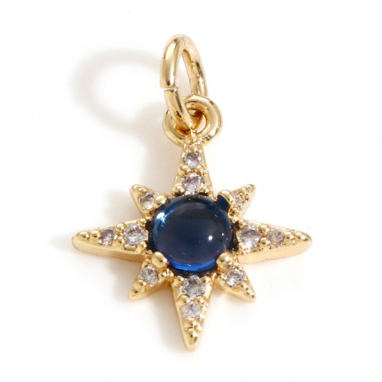 Picture of Brass Galaxy Charms 18K Real Gold Plated Star Micro Pave Deep Blue Cubic Zirconia 18mm x 12mm, 1 Piece