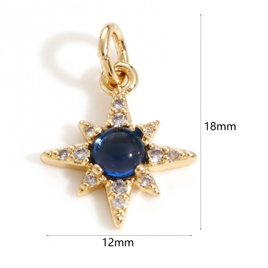 Picture of Brass Galaxy Charms 18K Real Gold Plated Star Micro Pave Deep Blue Cubic Zirconia 18mm x 12mm, 1 Piece