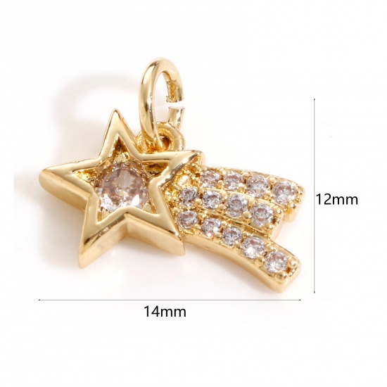 Picture of Brass Galaxy Charms 18K Real Gold Plated Meteor Micro Pave Clear Cubic Zirconia 14mm x 12mm, 1 Piece