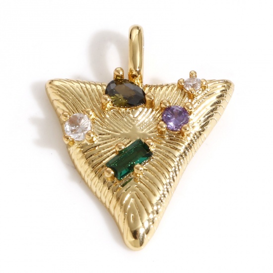 Picture of Brass Charms 18K Real Gold Plated Triangle Multicolour Cubic Zirconia 22mm x 17mm, 1 Piece