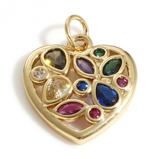 Picture of Brass Charms 18K Real Gold Plated Heart Hollow Multicolour Cubic Zirconia 20mm x 16mm, 1 Piece