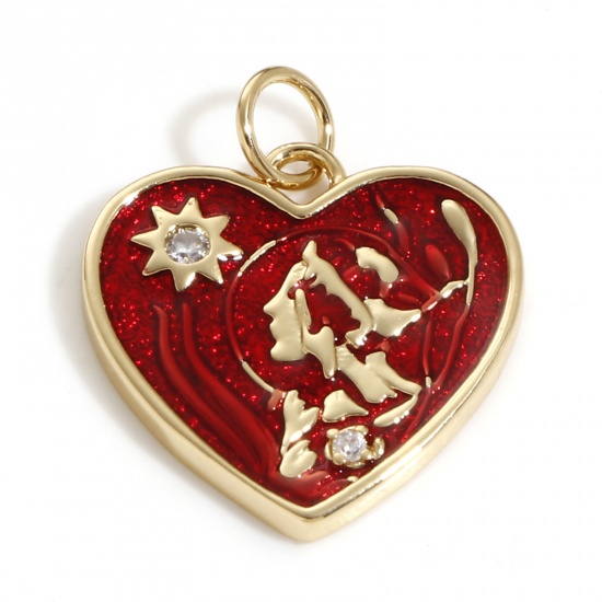 Picture of Brass Valentine's Day Charms 18K Real Gold Plated Red Heart Woman Enamel Clear Cubic Zirconia 21mm x 17.5mm, 1 Piece                                                                                                                                          