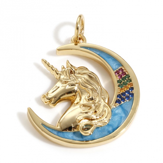 Picture of Brass Galaxy Pendants 18K Real Gold Plated Blue Half Moon Horse Enamel Multicolour Cubic Zirconia 3.5cm x 2.6cm, 1 Piece                                                                                                                                      