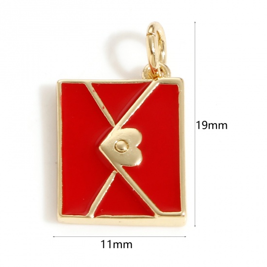 Picture of Brass Charms 18K Real Gold Plated Red Envelope Enamel 19mm x 11mm, 1 Piece