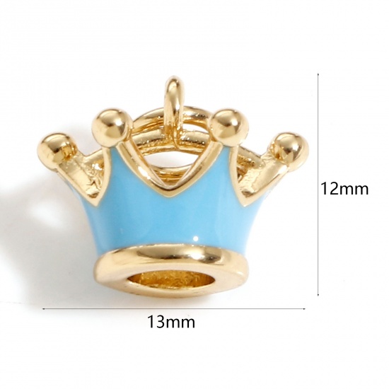 Immagine di Ottone Charms Corona 18K Vero Oro Placcato Blu 3D 13mm x 12mm, 1 Pz