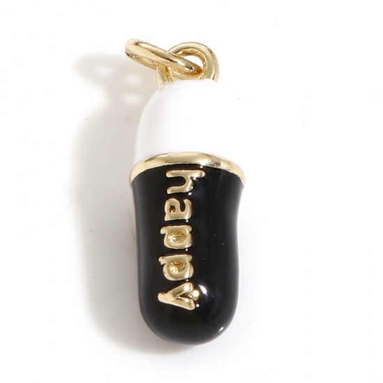 Picture of Brass Charms 18K Real Gold Plated Black & White Pill Enamel 20mm x 6mm, 1 Piece                                                                                                                                                                               