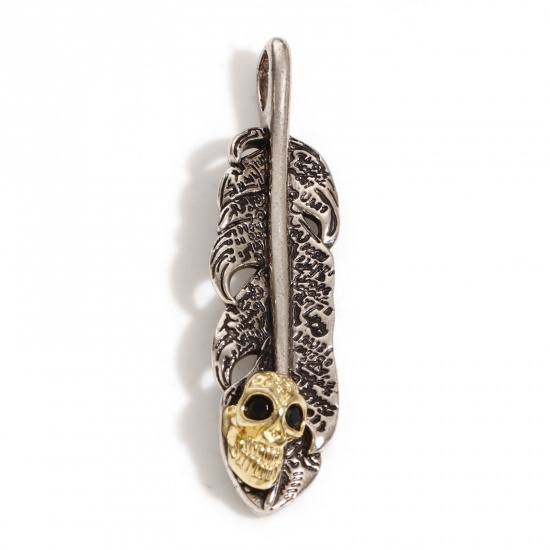 Picture of Brass Halloween Pendants Antique Silver Color Gold Tone Antique Gold Two Tone Feather Skull 4.6cm x 1.2cm, 1 Piece                                                                                                                                            