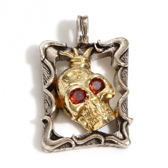 Picture of Brass Halloween Pendants Antique Silver Color Gold Tone Antique Gold Two Tone Rectangle Skull Red Cubic Zirconia 3.1cm x 1.9cm, 1 Piece                                                                                                                       