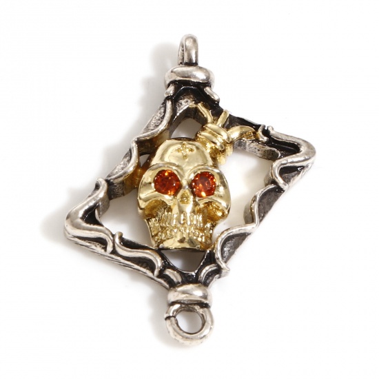 Picture of Brass Halloween Connectors Charms Pendants Antique Silver Color Gold Tone Antique Gold Two Tone Rectangle Skull Red Cubic Zirconia 25.5mm x 18mm, 1 Piece                                                                                                     