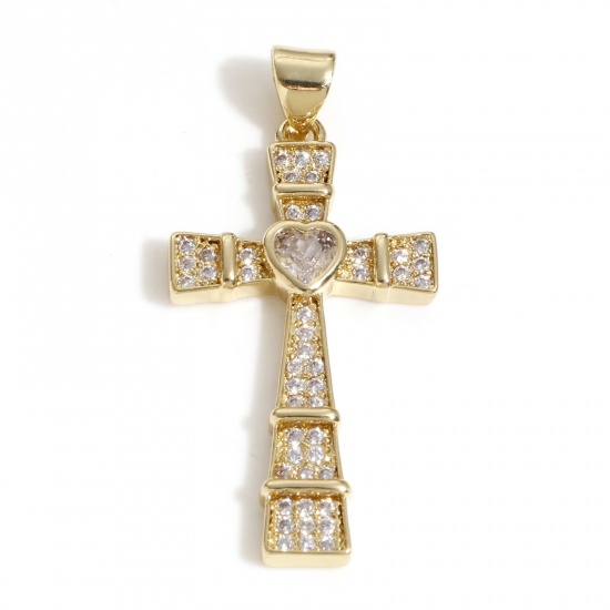 Image de Pendentifs Religieux en Laiton Croix Plaqué Or Véritable 18K Cœur Micro Pave à Zircone Cubique Clair 3.5cm x 1.7cm, 1 Pièce