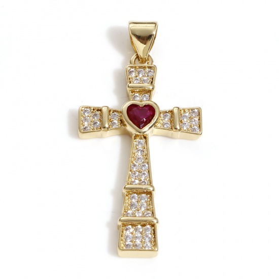 Image de Pendentifs Religieux en Laiton Croix Plaqué Or Véritable 18K Cœur Micro Pave à Zircone Cubique Clair & Rouge 3.5cm x 1.7cm, 1 Pièce