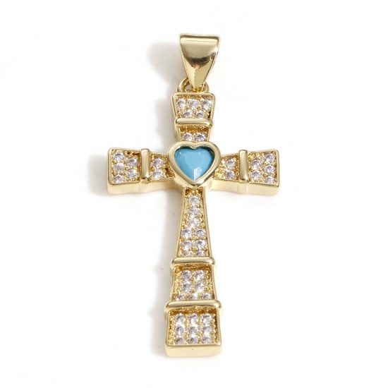 Image de Pendentifs Religieux en Laiton Croix Plaqué Or Véritable 18K Cœur Micro Pave à Zircone Cubique Clair & Bleu 3.5cm x 1.7cm, 1 Pièce