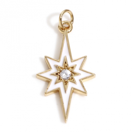 Picture of Brass Galaxy Charms 18K Real Gold Plated White Star Enamel Clear Cubic Zirconia 24mm x 11mm, 1 Piece