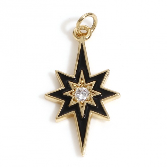 Picture of Brass Galaxy Charms 18K Real Gold Plated Black Star Enamel Clear Cubic Zirconia 24mm x 11mm, 1 Piece