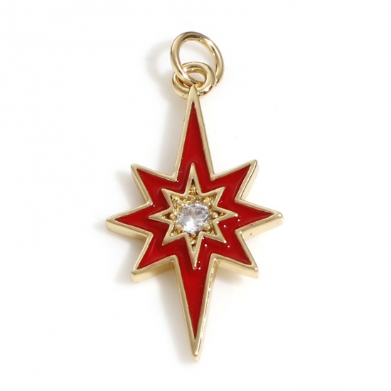 Picture of Brass Galaxy Charms 18K Real Gold Plated Red Star Enamel Clear Cubic Zirconia 24mm x 11mm, 1 Piece