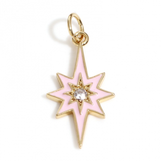 Picture of Brass Galaxy Charms 18K Real Gold Plated Pink Star Enamel Clear Cubic Zirconia 24mm x 11mm, 1 Piece