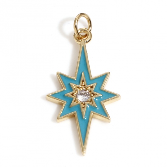 Picture of Brass Galaxy Charms 18K Real Gold Plated Green Blue Star Enamel Clear Cubic Zirconia 24mm x 11mm, 1 Piece