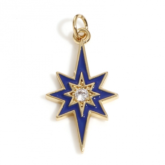 Picture of Brass Galaxy Charms 18K Real Gold Plated Dark Blue Star Enamel Clear Cubic Zirconia 24mm x 11mm, 1 Piece