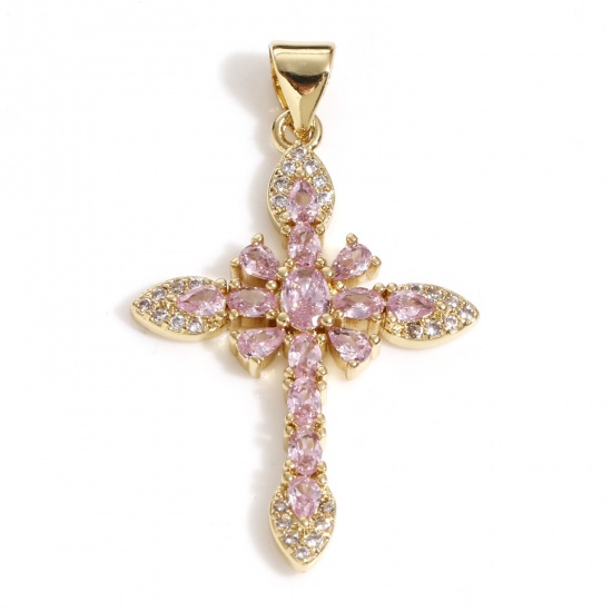 Image de Pendentifs Religieux en Laiton Croix Plaqué Or Véritable 18K à Zircone Cubique Rose 3.6cm x 2.1cm, 1 Pièce