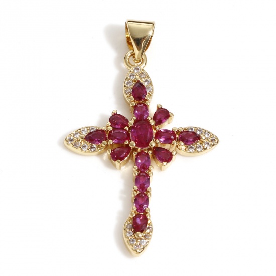Image de Pendentifs Religieux en Laiton Croix Plaqué Or Véritable 18K à Zircone Cubique Fuchsia 3.6cm x 2.1cm, 1 Pièce