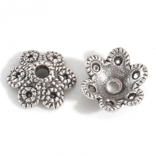Bild von Zinklegierung Perlkappen Blumen Antiksilber (für Perlengröße: 16mm D.) 10mm x 9mm, 20 Stück