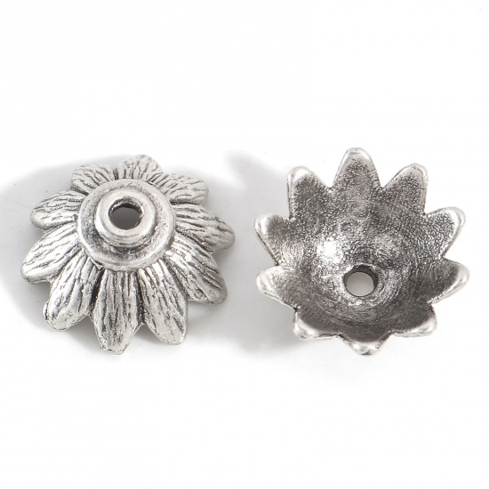 Bild von Zinklegierung Perlkappen Blumen Antiksilber (für Perlengröße: 18mm D.) 15mm x 14mm, 20 Stück