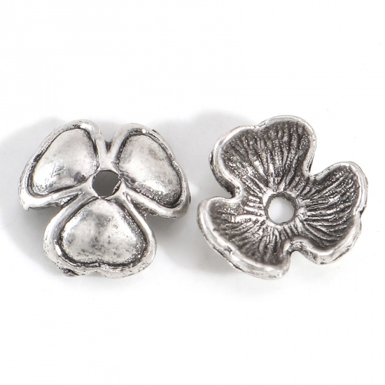 Bild von Zinklegierung Perlkappen Blumen Antiksilber (für Perlengröße: 14mm D.) 10mm x 9.5mm, 20 Stück