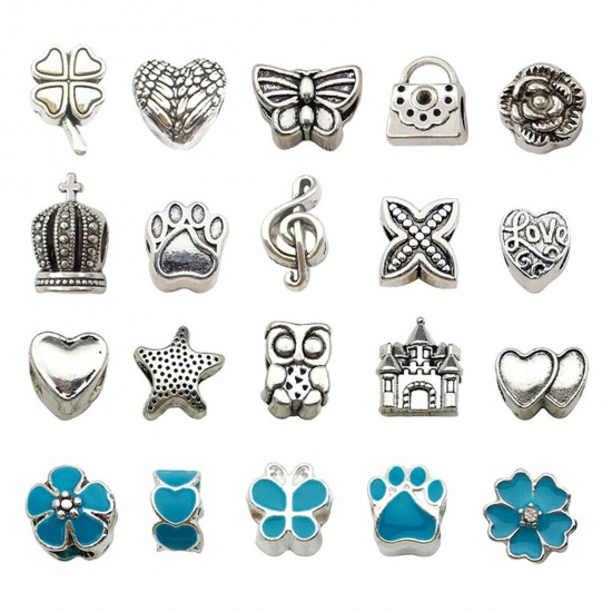 Picture of Zinc Based Alloy European Style Large Hole Charm Beads Blue At Random Mixed Butterfly Enamel 18x10mm - 8x8mm, Hole: Approx 4.5mm, 1 Packet ( 20 PCs/Packet)