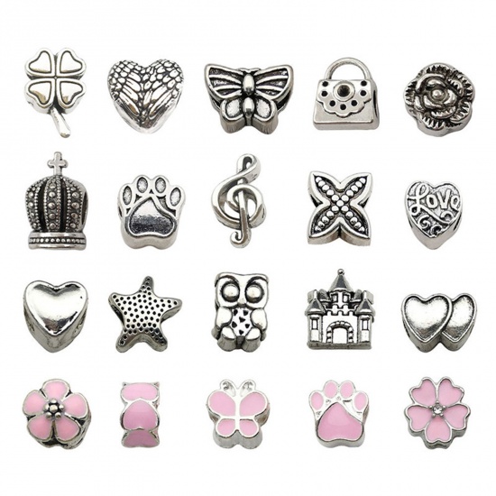 Picture of Zinc Based Alloy European Style Large Hole Charm Beads Pink At Random Mixed Butterfly Enamel 18x10mm - 8x8mm, Hole: Approx 4.5mm, 1 Packet ( 20 PCs/Packet)