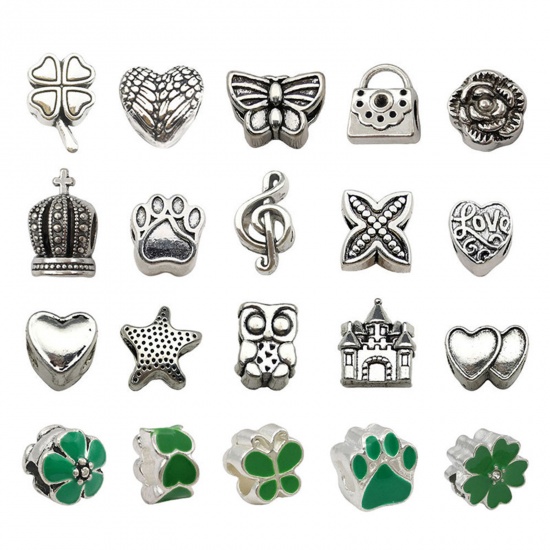 Picture of Zinc Based Alloy European Style Large Hole Charm Beads Green At Random Mixed Butterfly Enamel 18x10mm - 8x8mm, Hole: Approx 4.5mm, 1 Packet ( 20 PCs/Packet)
