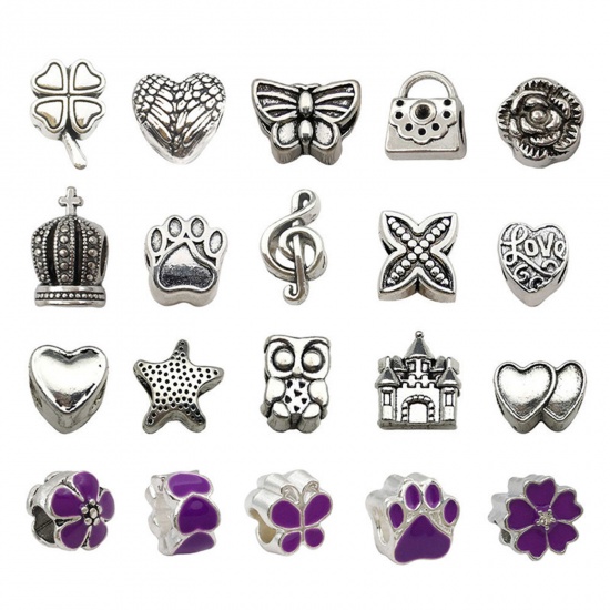 Picture of Zinc Based Alloy European Style Large Hole Charm Beads Purple At Random Mixed Butterfly Enamel 18x10mm - 8x8mm, Hole: Approx 4.5mm, 1 Packet ( 20 PCs/Packet)