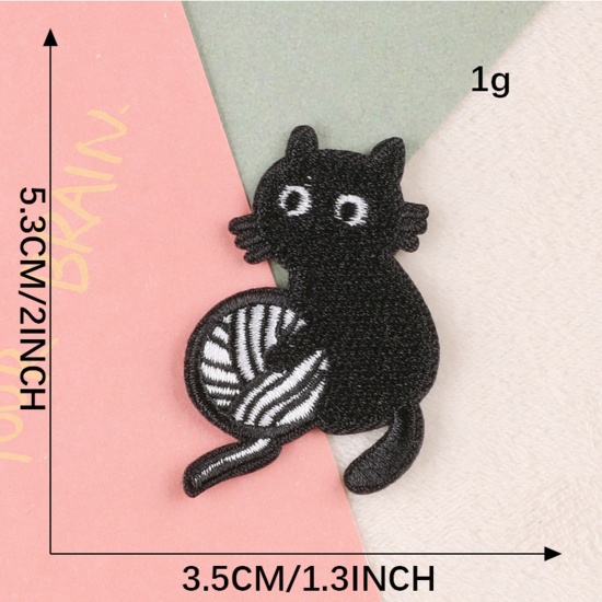 Picture of Polyester Iron On Patches Appliques (With Glue Back) DIY Sewing Craft Clothing Decoration Black Cat Animal 5.3cm x 3.5cm, 1 Piece