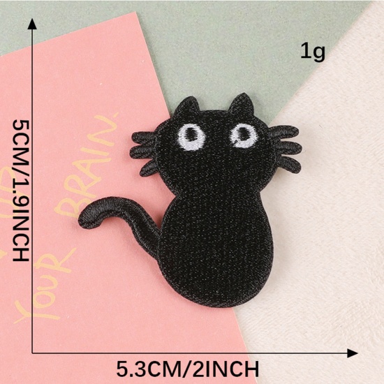 Picture of Polyester Iron On Patches Appliques (With Glue Back) DIY Sewing Craft Clothing Decoration Black Cat Animal 5.3cm x 5cm, 1 Piece