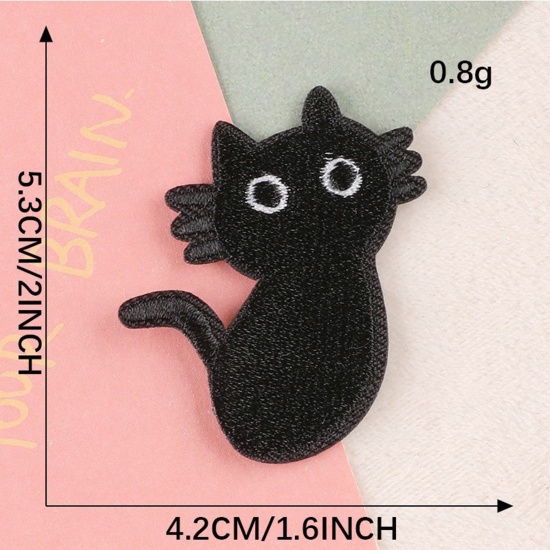 Picture of Polyester Self-adhesive Patches Appliques DIY Sewing Craft Clothing Decoration Black Cat Animal 5.3cm x 4.2cm, 1 Piece