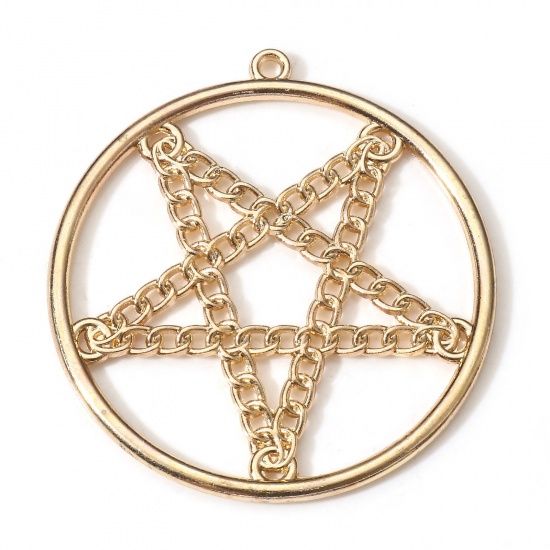 Picture of 5 PCs Zinc Based Alloy Gothic Pendants KC Gold Plated Round Pentagram Star Hollow 4.8cm x 4.5cm