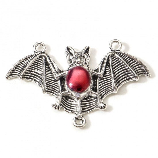 Picture of Zinc Based Alloy Halloween Connectors Charms Pendants Antique Silver Color Red Halloween Bat Animal Enamel 4.8cm x 3cm, 5 PCs
