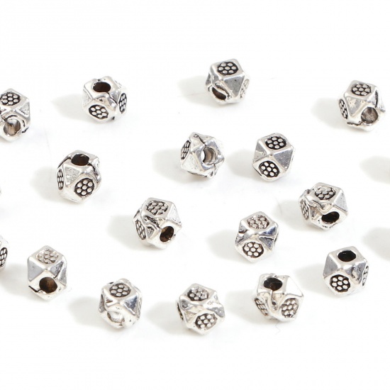 Picture of Zinc Based Alloy Spacer Beads For DIY Charm Jewelry Making Antique Silver Color Cube Plum Flower Faceted About 3.5mm x 3.5mm, Hole: Approx 1.2mm, 500 PCs