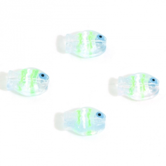 Immagine di Lampwork Vetro Lampwork Gioielli Oceanici Perline per la Creazione di Gioielli con Ciondoli Fai-da-te Pesce Verde Chiaro Smalto Circa 14mm x 10mm, Foro: Circa 0.8mm, 5 Pz