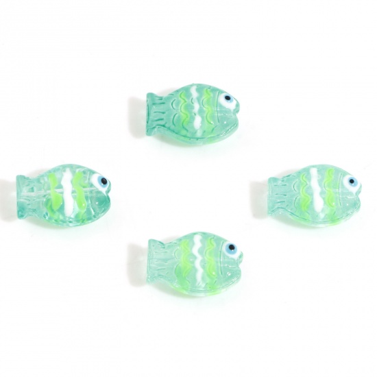 Picture of Lampwork Glass Ocean Jewelry Beads For DIY Charm Jewelry Making Fish Animal Green Enamel About 14mm x 10mm, Hole: Approx 0.8mm, 5 PCs