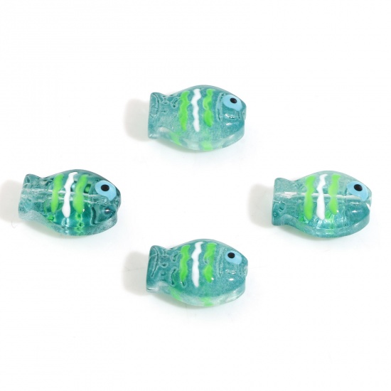 Picture of Lampwork Glass Ocean Jewelry Beads For DIY Charm Jewelry Making Fish Animal Dark Green Enamel About 14mm x 10mm, Hole: Approx 0.8mm, 5 PCs