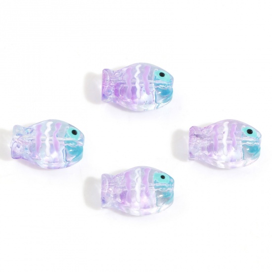 Picture of Lampwork Glass Ocean Jewelry Beads For DIY Charm Jewelry Making Fish Animal Purple Enamel About 14mm x 10mm, Hole: Approx 0.8mm, 5 PCs