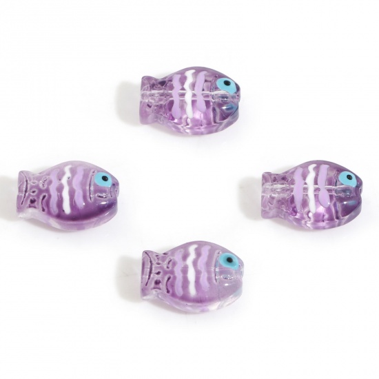 Picture of Lampwork Glass Ocean Jewelry Beads For DIY Charm Jewelry Making Fish Animal Dark Purple Enamel About 14mm x 10mm, Hole: Approx 0.8mm, 5 PCs