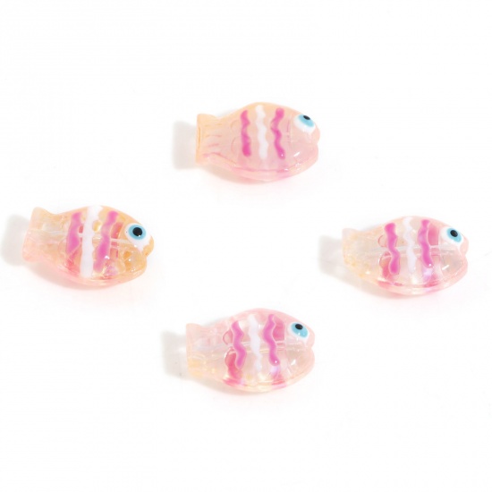Picture of Lampwork Glass Ocean Jewelry Beads For DIY Charm Jewelry Making Fish Animal Orange Pink Enamel About 14mm x 10mm, Hole: Approx 0.8mm, 5 PCs